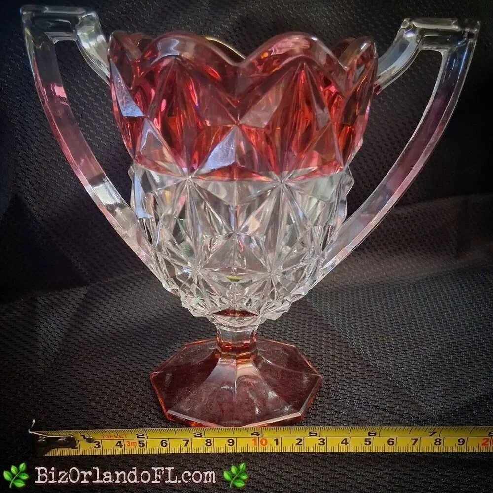 VINTAGE: Indiana Glass Monticello Trophy Clear Glass Vase w/ Ruby Red Stain HTF